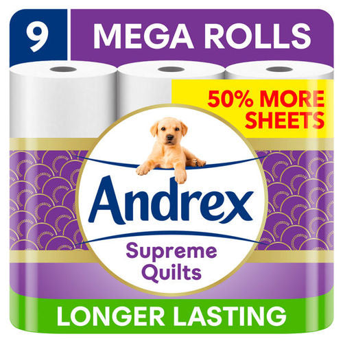 Andrex Supreme Quilts Toilet Tissue Mega Rolls, 9 Quilted Mega Rolls